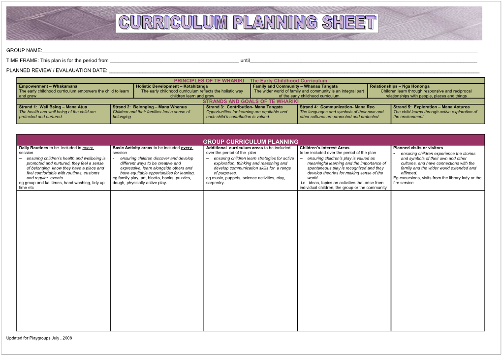 Centre Planning Sheet