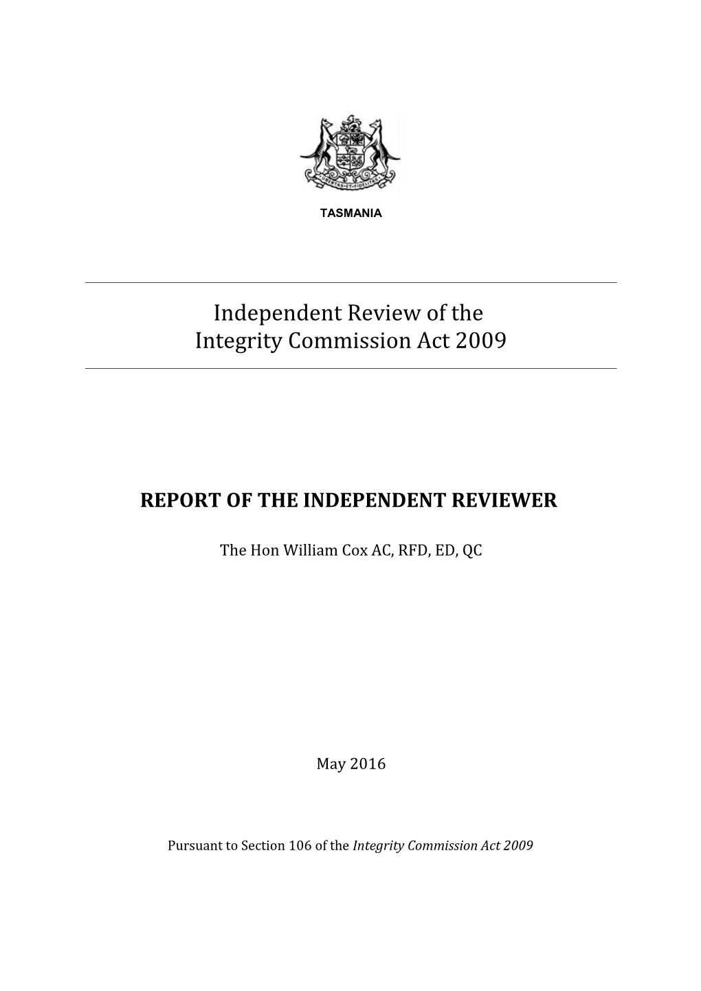 Independent Review of the Integrity Commission Act 2009