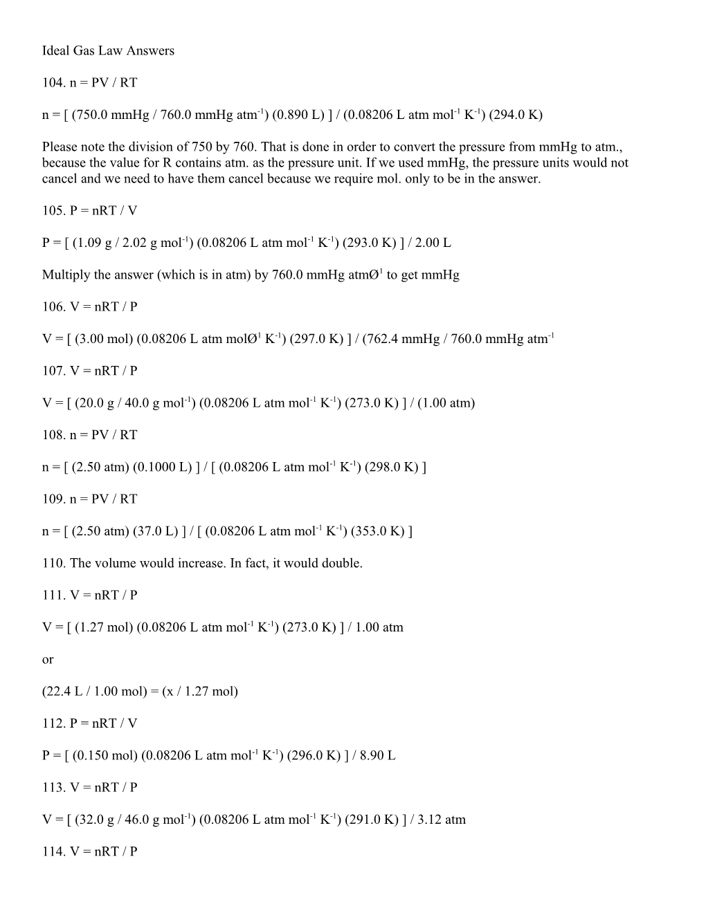 Ideal Gas Law Answers