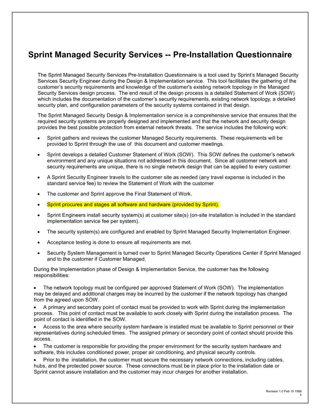 Sprint Managed Security Services Pre-Installation Questionnaire