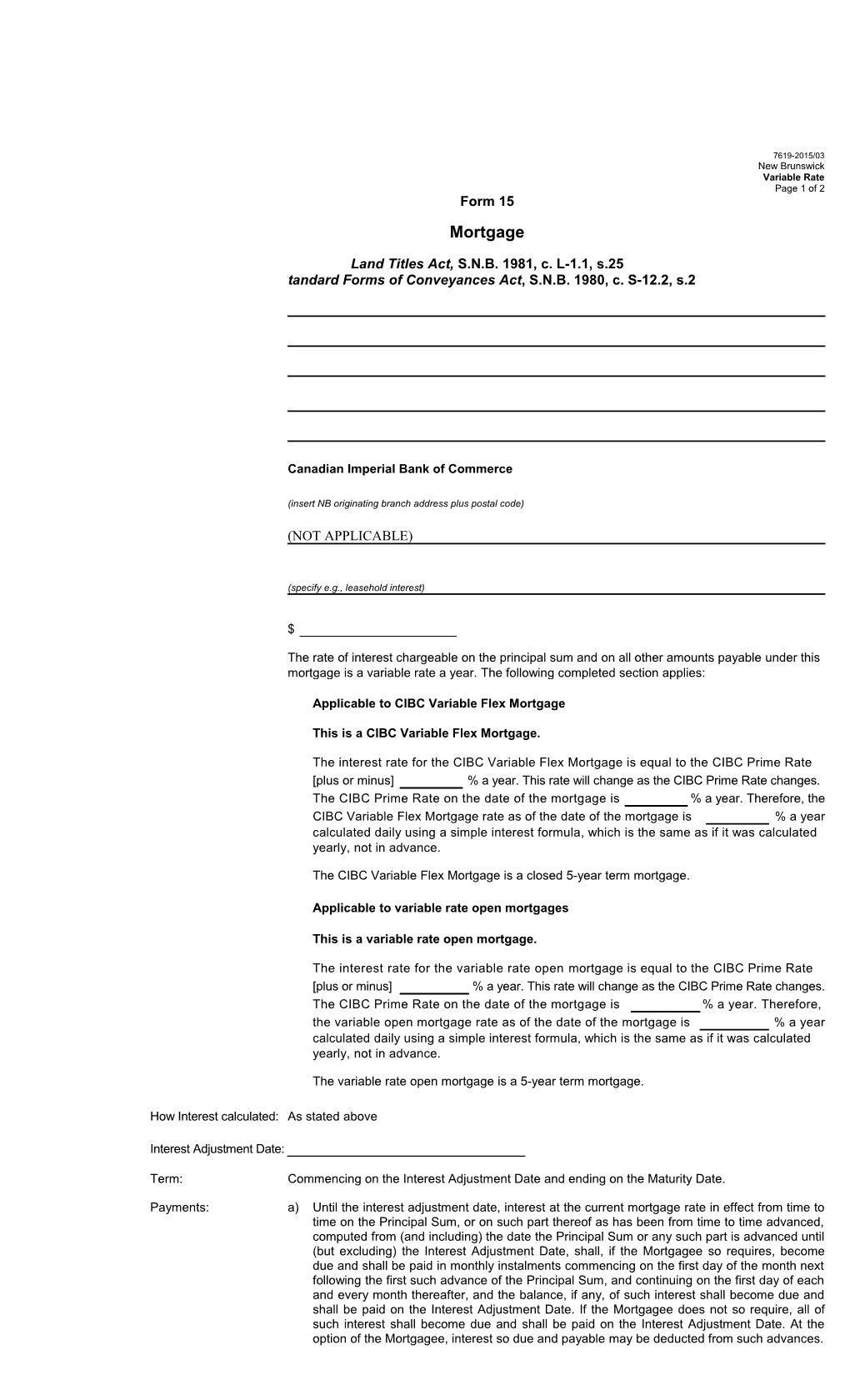 Mortgage - Form 15 - Variable Rate (7619 New Brunswick-2015/03)
