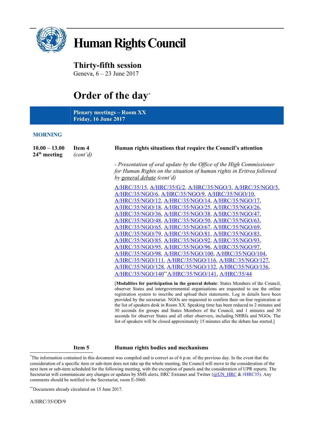 Order of the Day , Friday 16 June 2017