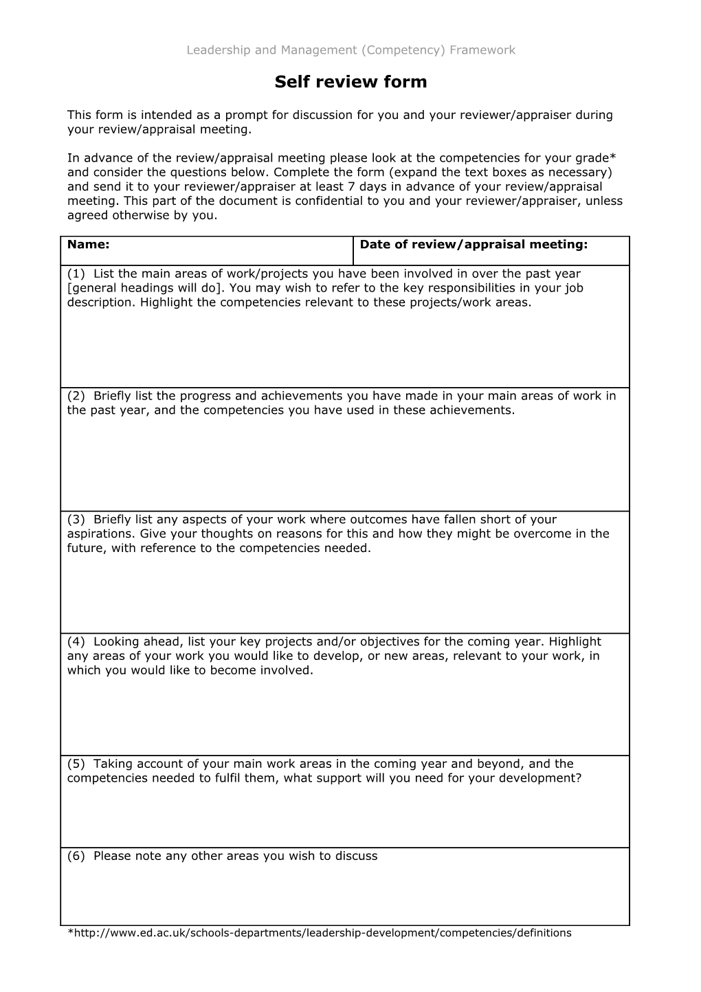 Appraisal Self Review Form