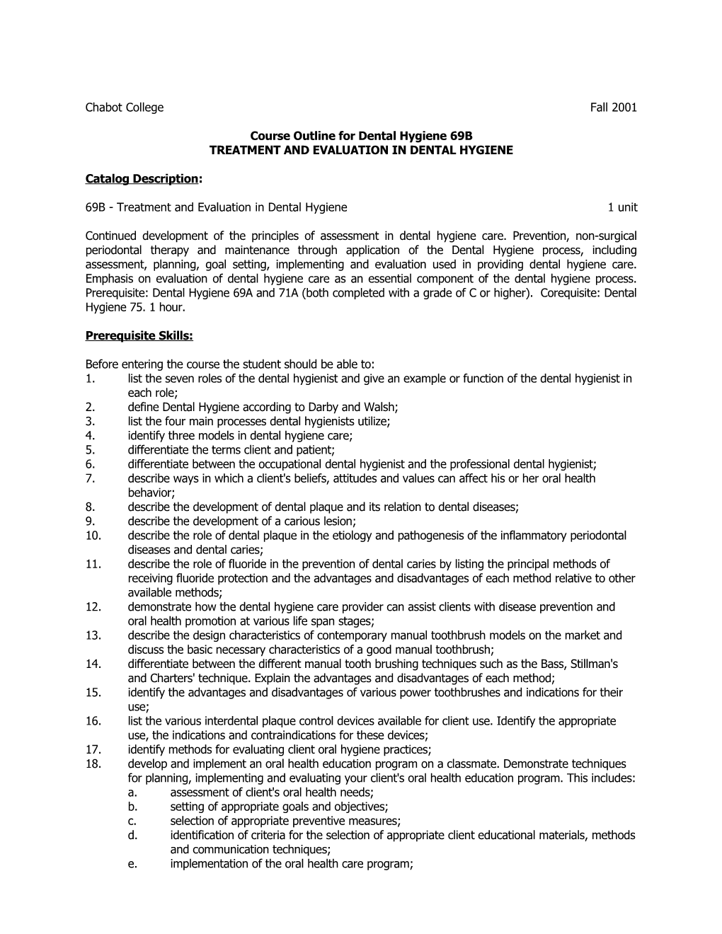 Course Outline for Dental Hygiene 69B, Page 1