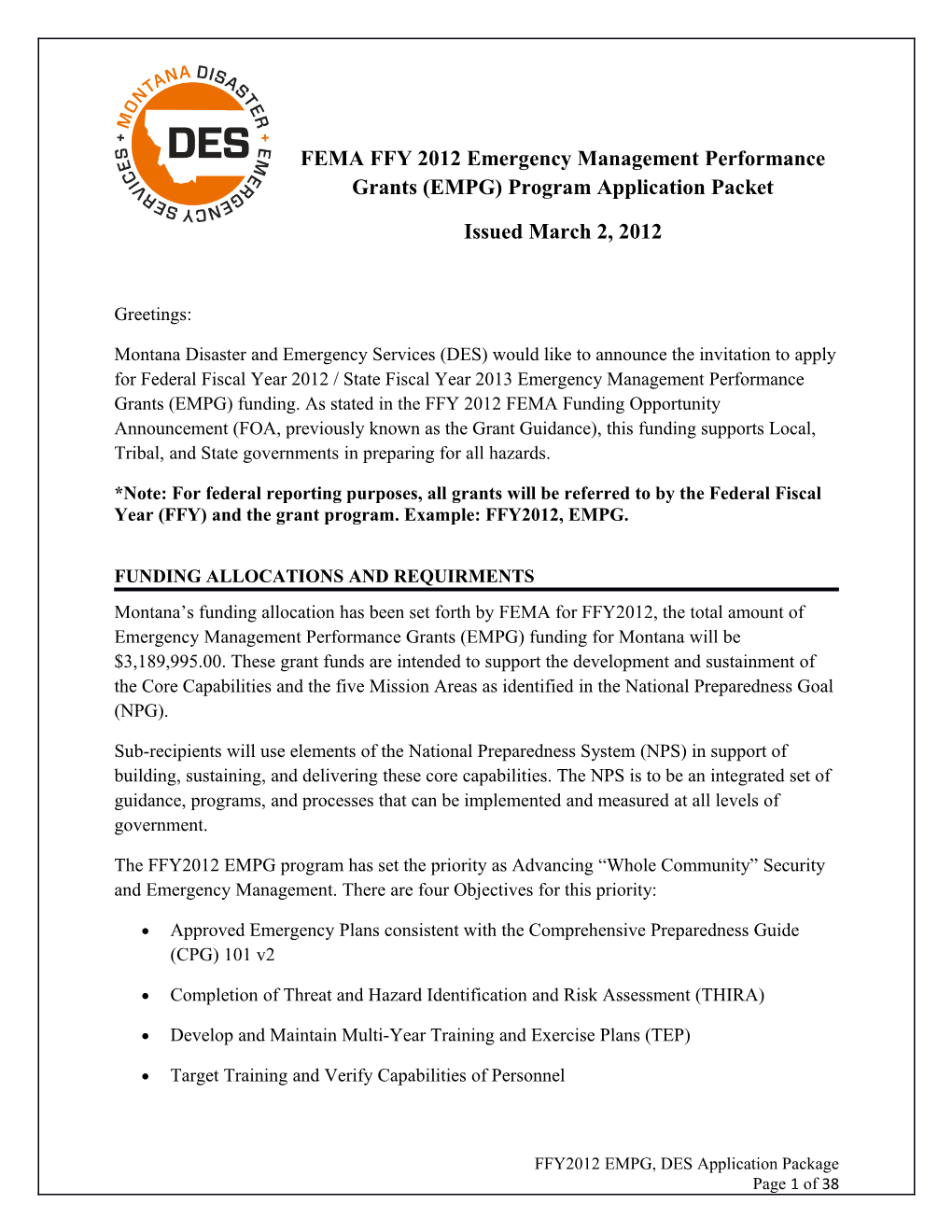 FEMAFFY 2012Emergency Management Performance Grants (EMPG) Program Application Packet