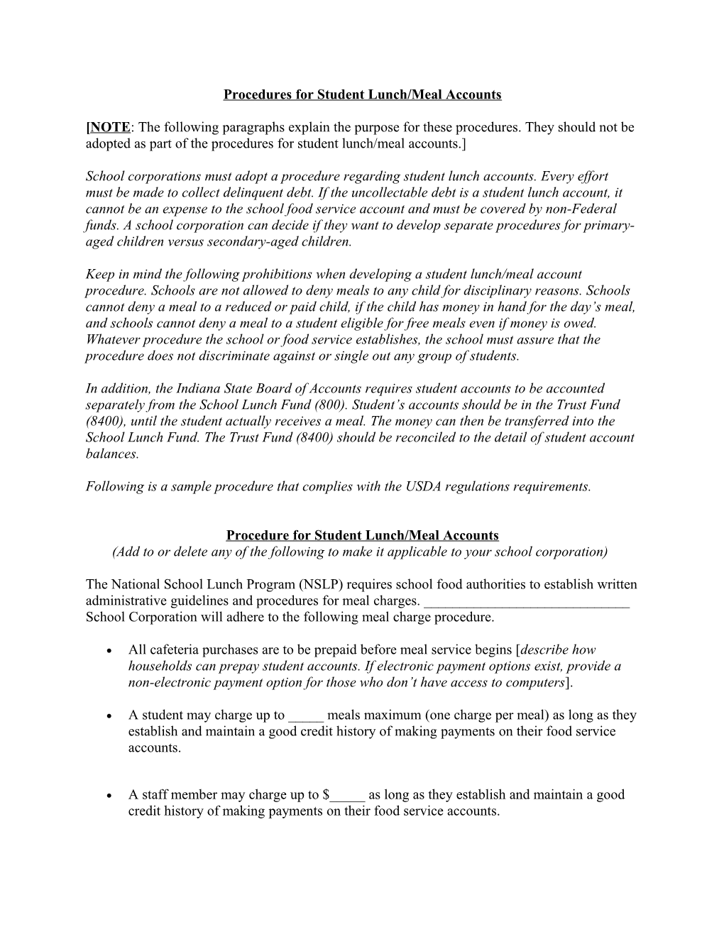 Procedures for Student Lunch/Meal Accounts