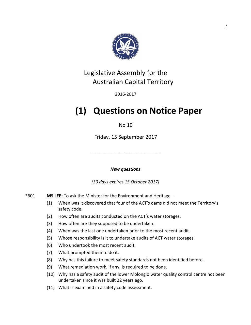 Questions on Notice Paper No 10 - Friday, 15 September 2017