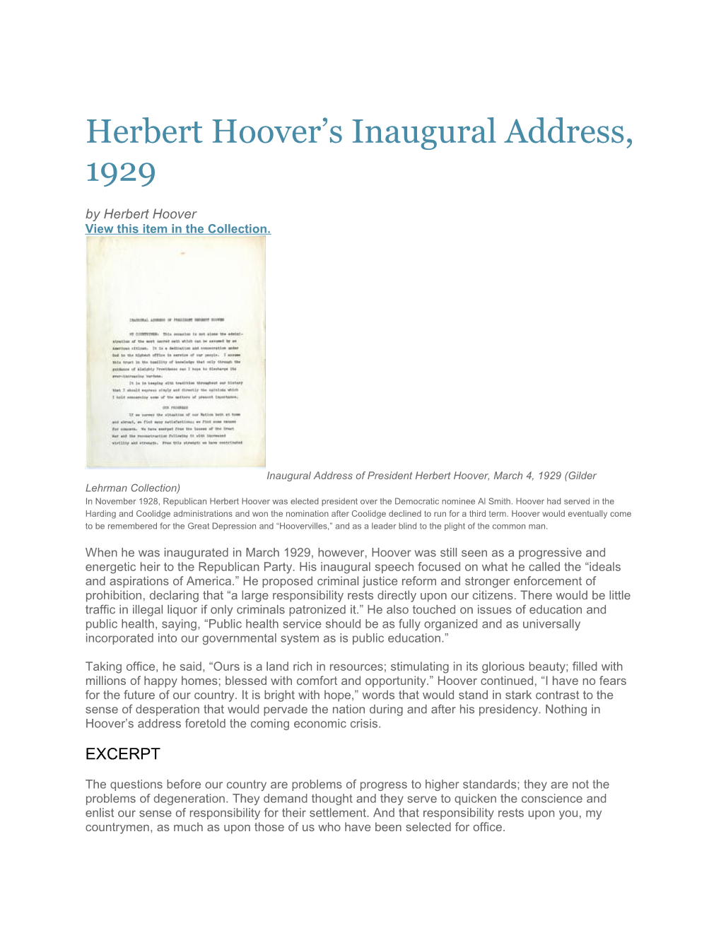 Herbert Hoover S Inaugural Address, 1929