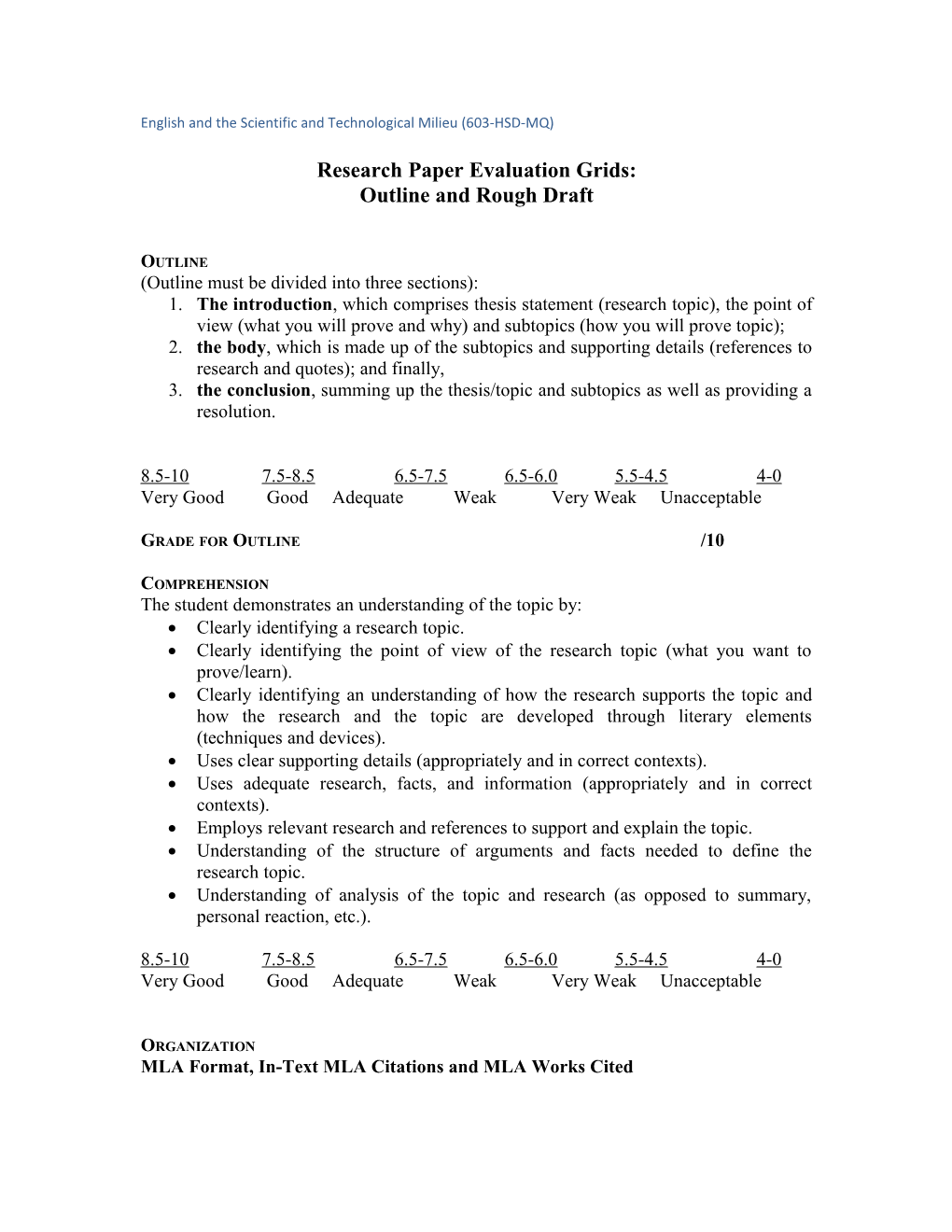 Research Paper Evaluation Grid: Outline and Rough Draft