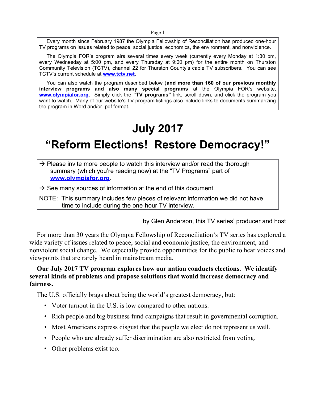 Reform Elections! Restore Democracy!