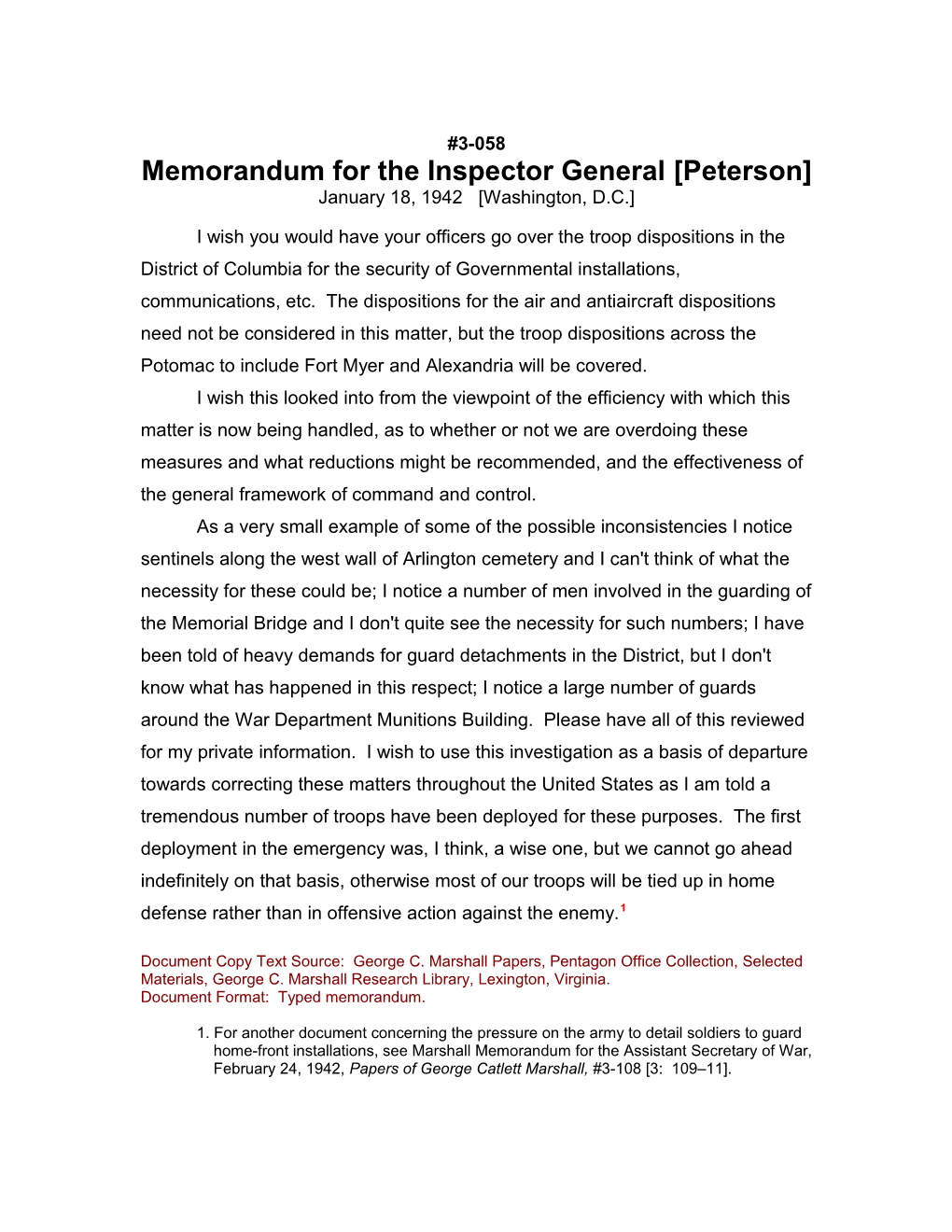Memorandum for the Inspector General Peterson