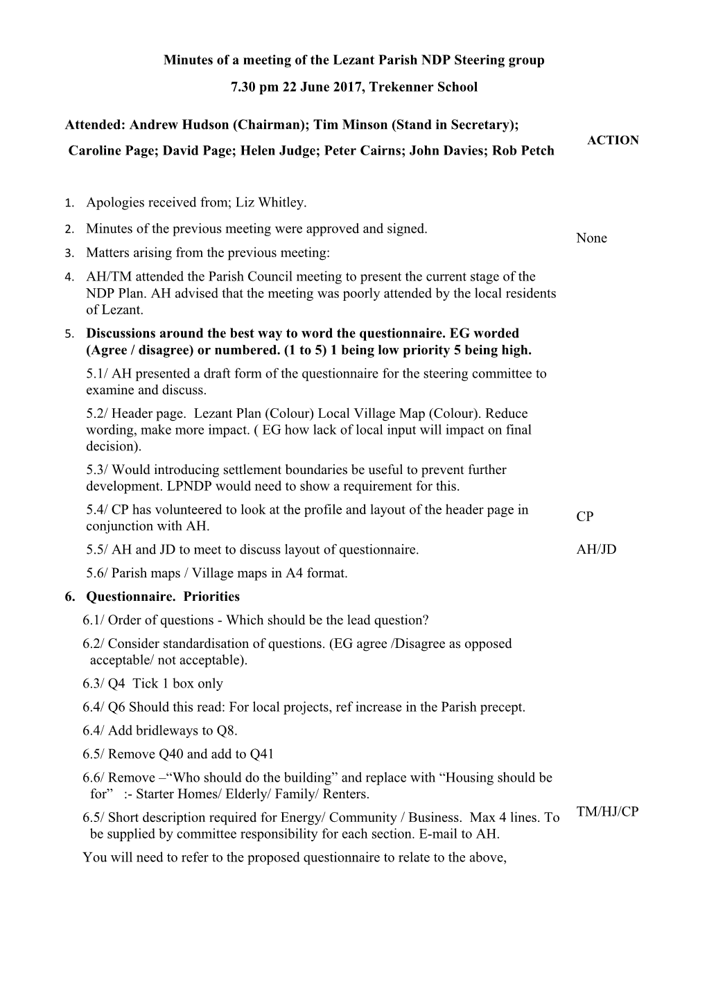 Minutes of a Meeting of the Lezant Parish NDP Steering Group