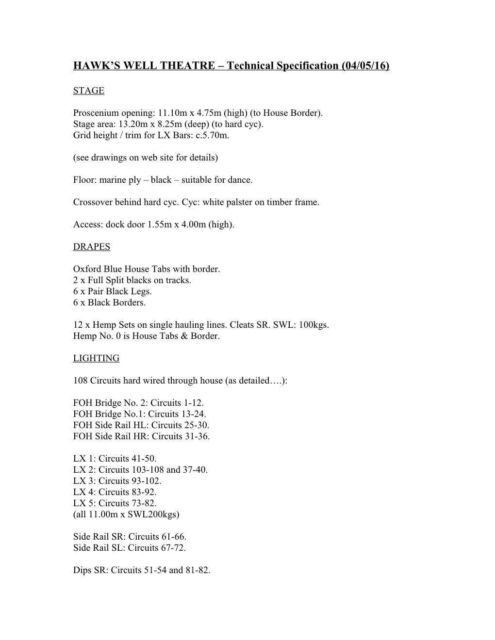 HAWK S WELL THEATRE Technical Specification (30/07/07)