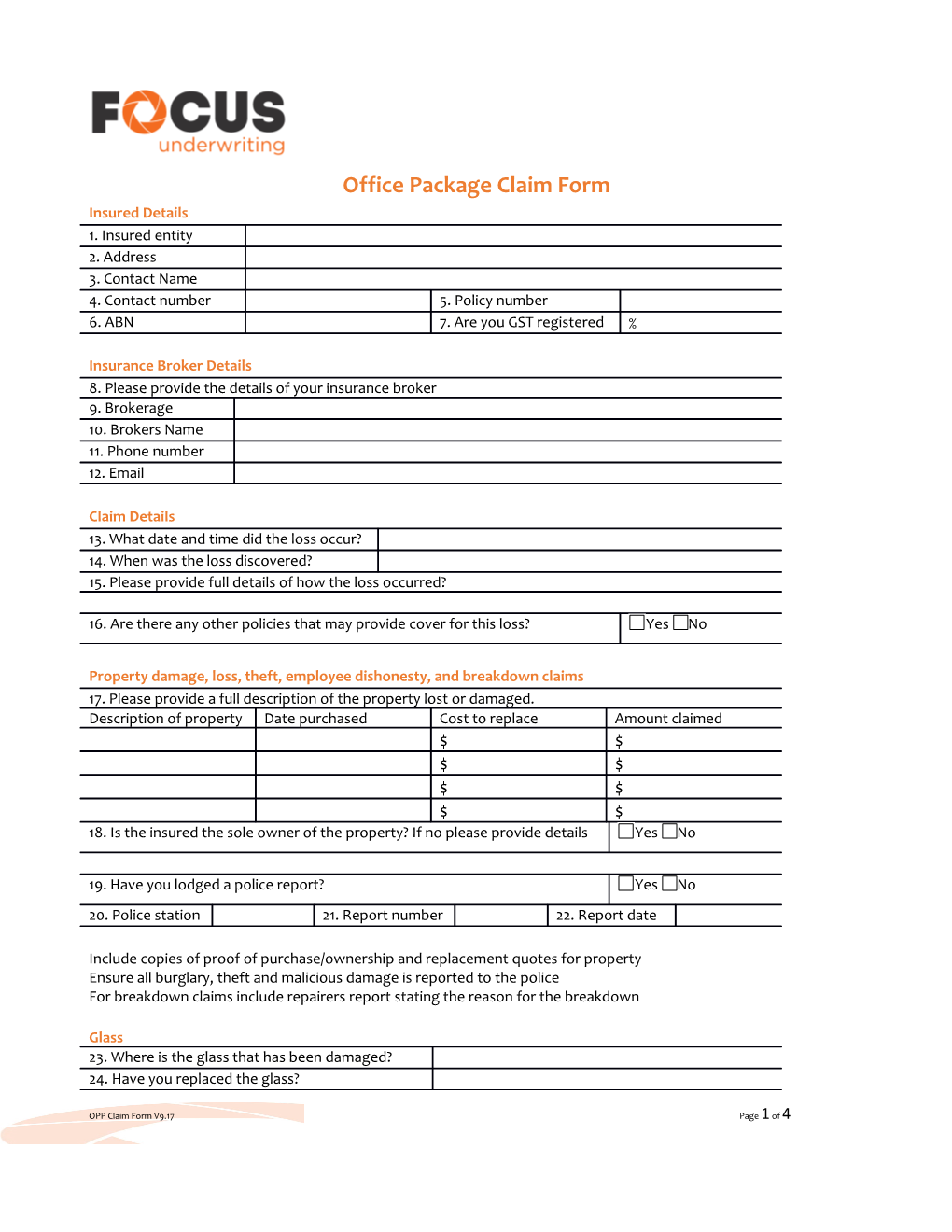Office Package Claim Form