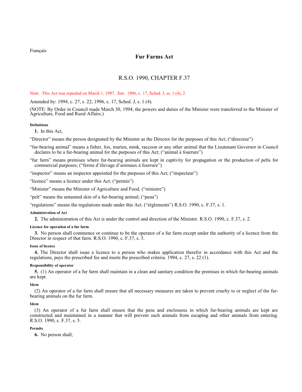 Fur Farms Act, R.S.O. 1990, C. F.37