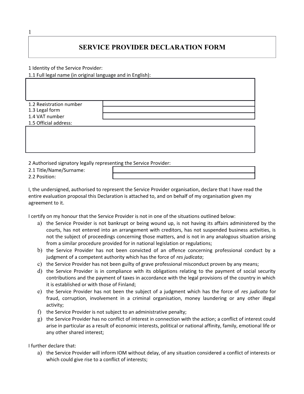Service Provider Declaration Form