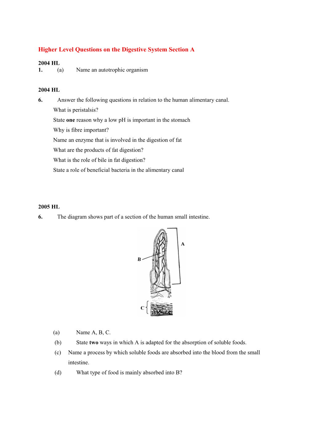 Higher Level Questions on the Digestive System Section A