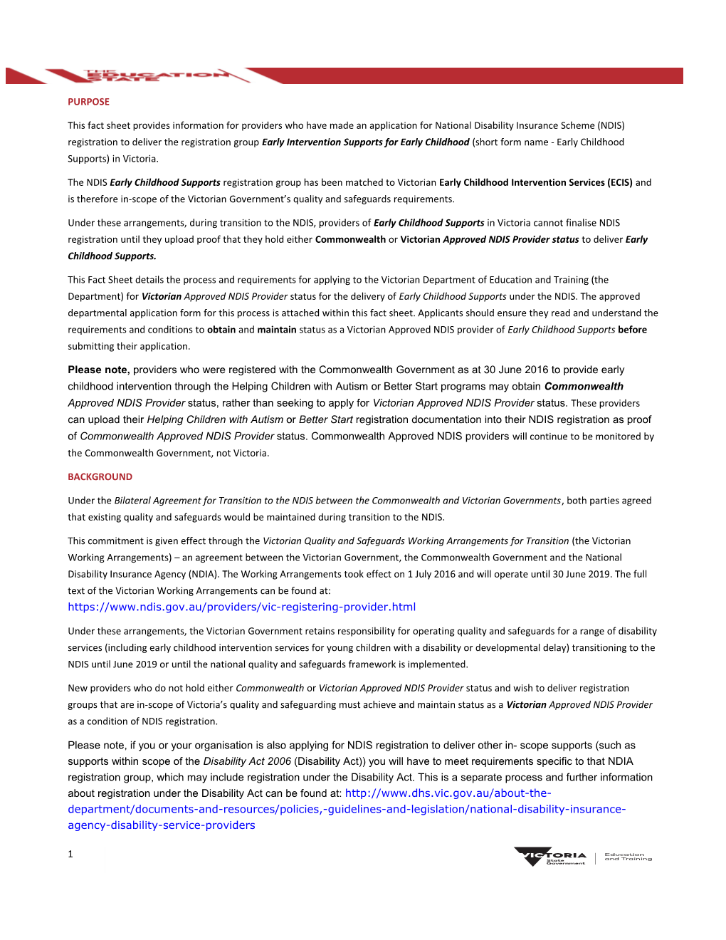 Fact Sheet Applying for Vic Approved NDIS ECS Provider Status