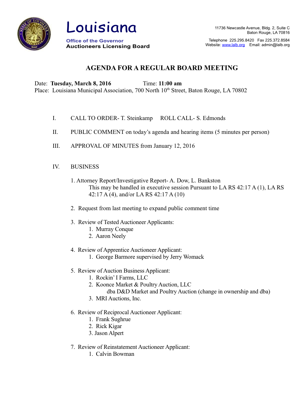 Agenda for a Regularboard Meeting