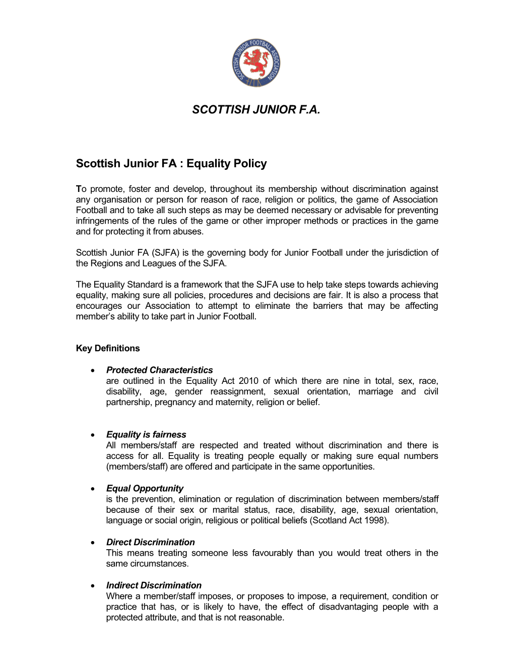Scottish Junior FA :Equality Policy