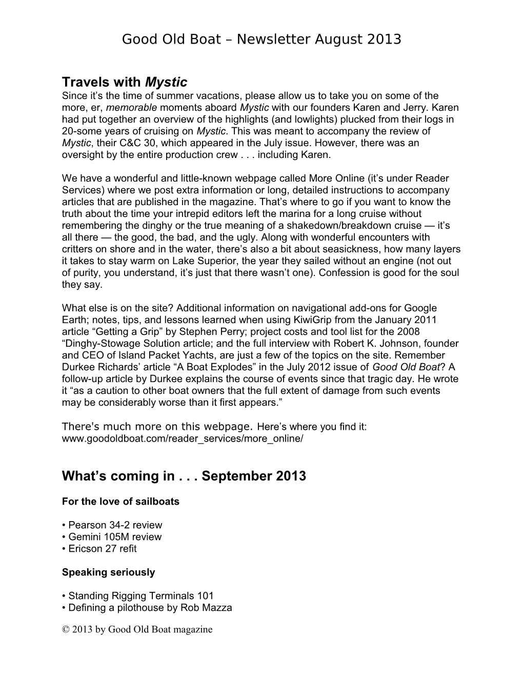 Good Old Boat Newsletter August 2013 Page 1