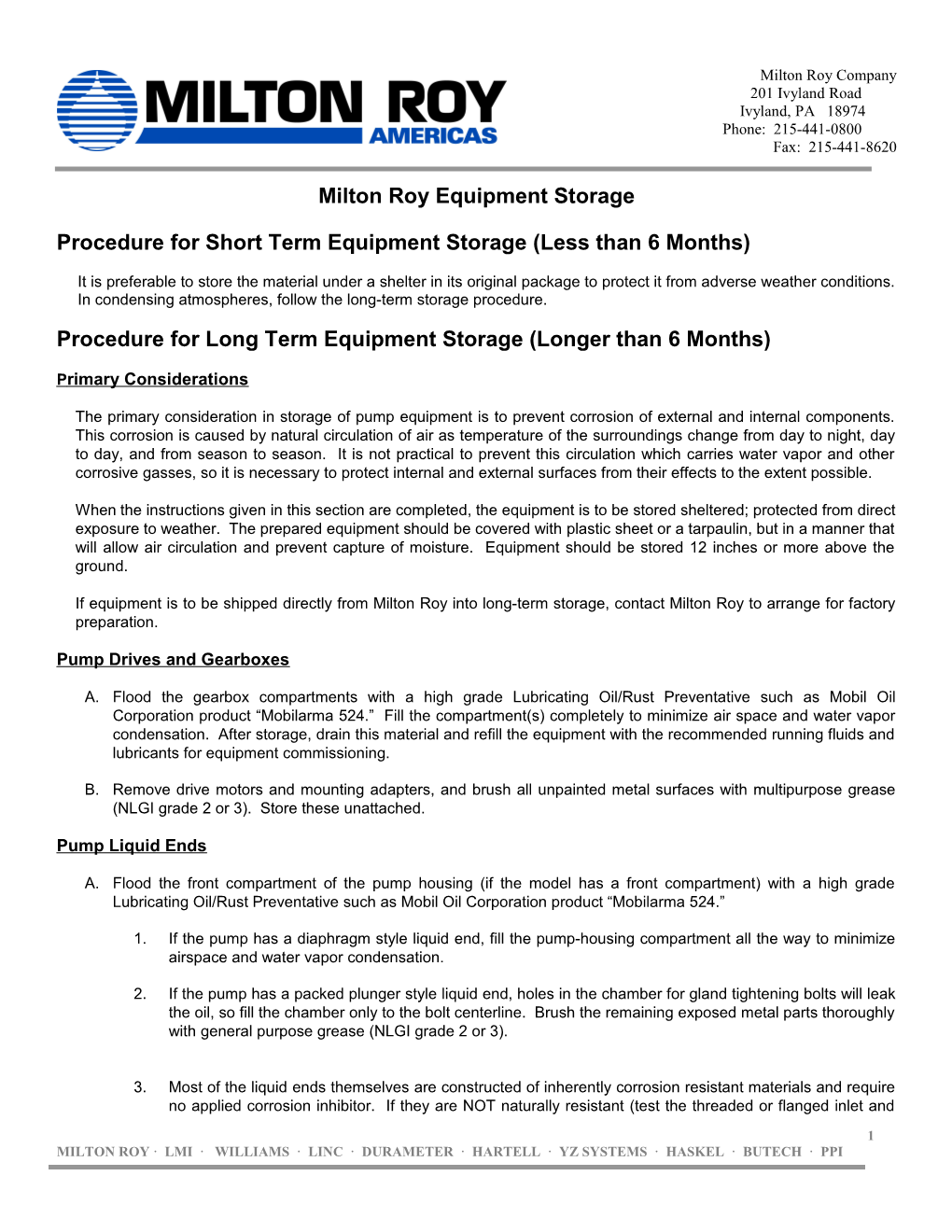 Procedure for Short Term Equipment Storage (Less Than 6 Months)