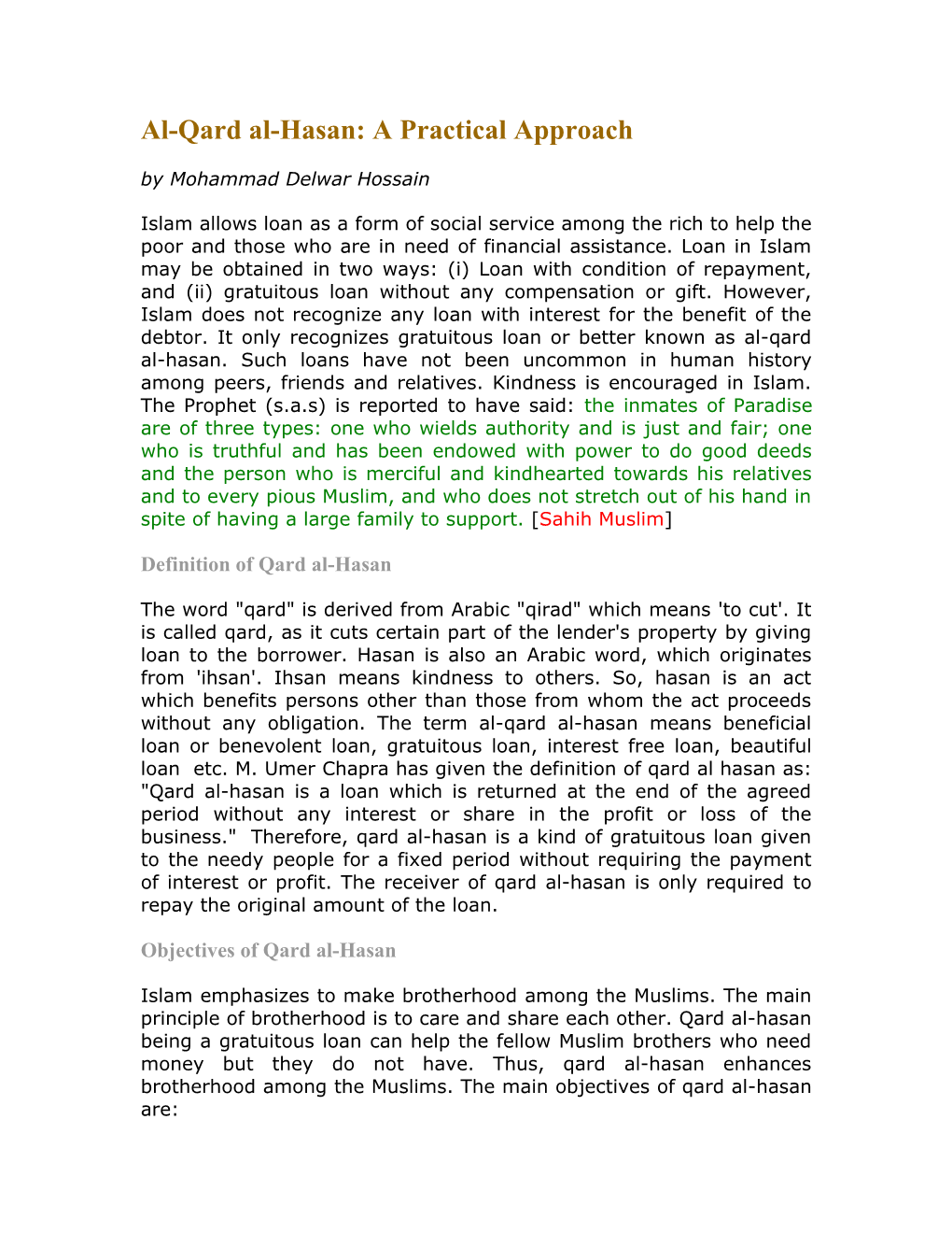 Al-Qard Al-Hasan: a Practical Approach