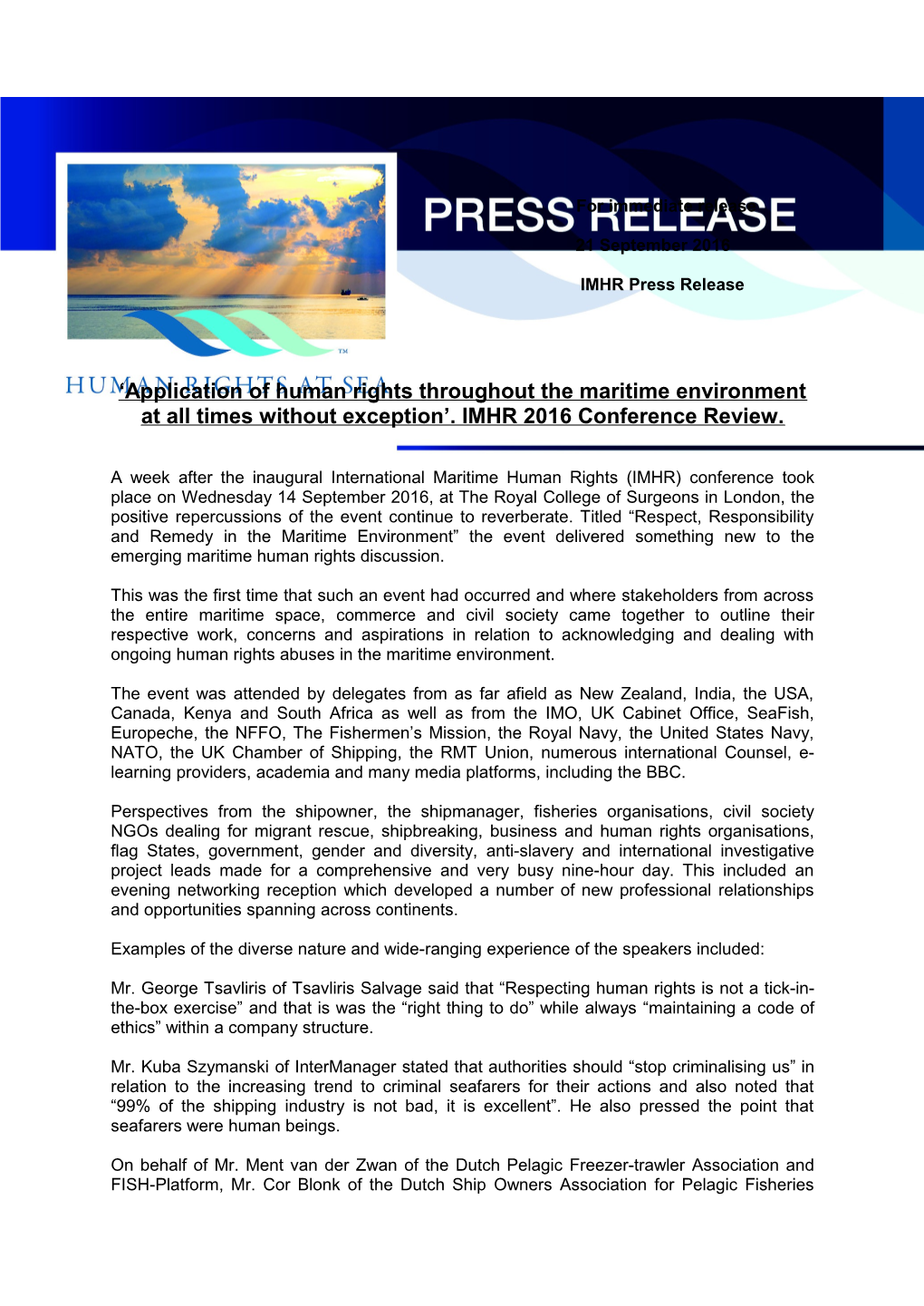 IMHR Press Release