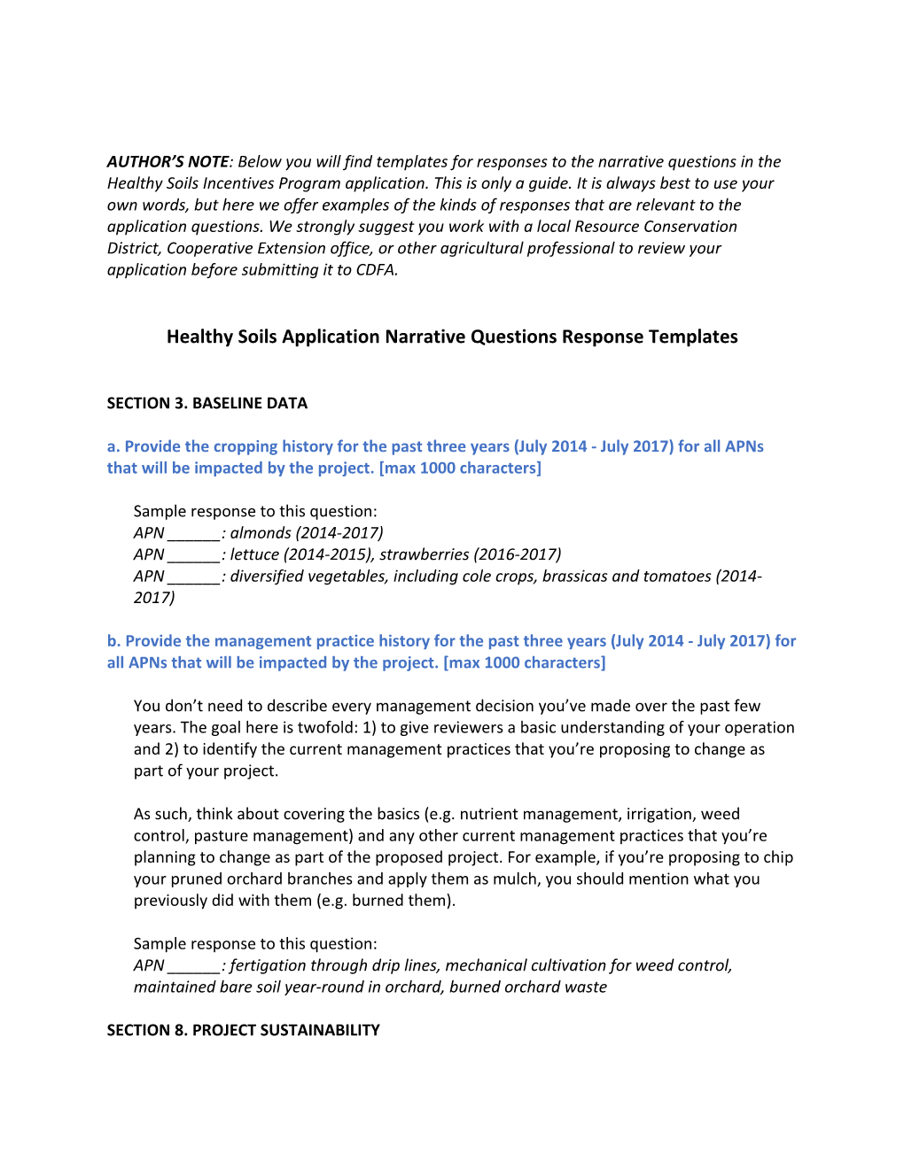 Healthy Soils Application Narrative Questions Response Templates