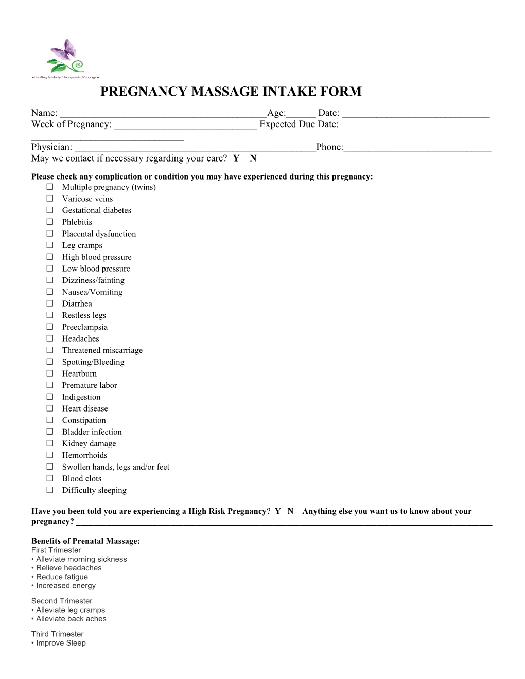 Pregnancy Massage Intake Form