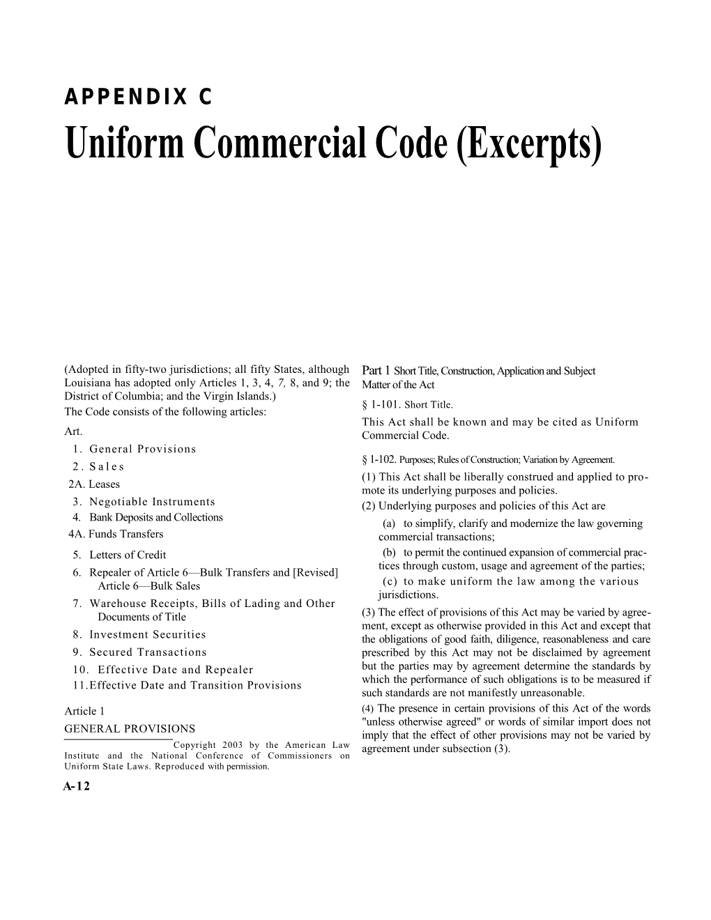 Uniform Commercial Code (Excerpts)