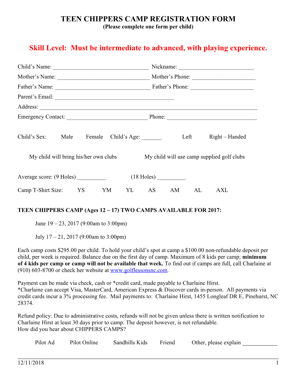 Teenchippers Camp Registration Form