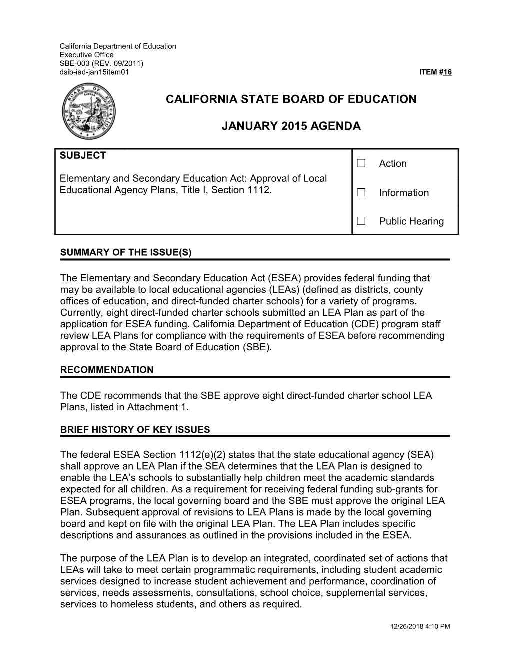 January 2015 Agenda Item 16 - Meeting Agendas (CA State Board of Education)
