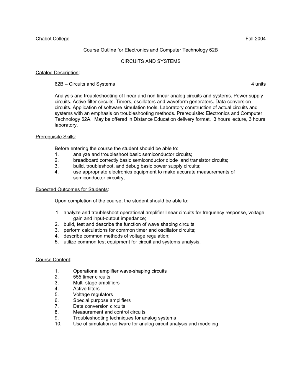 Course Outline for Electronics and Computer Technology 62B