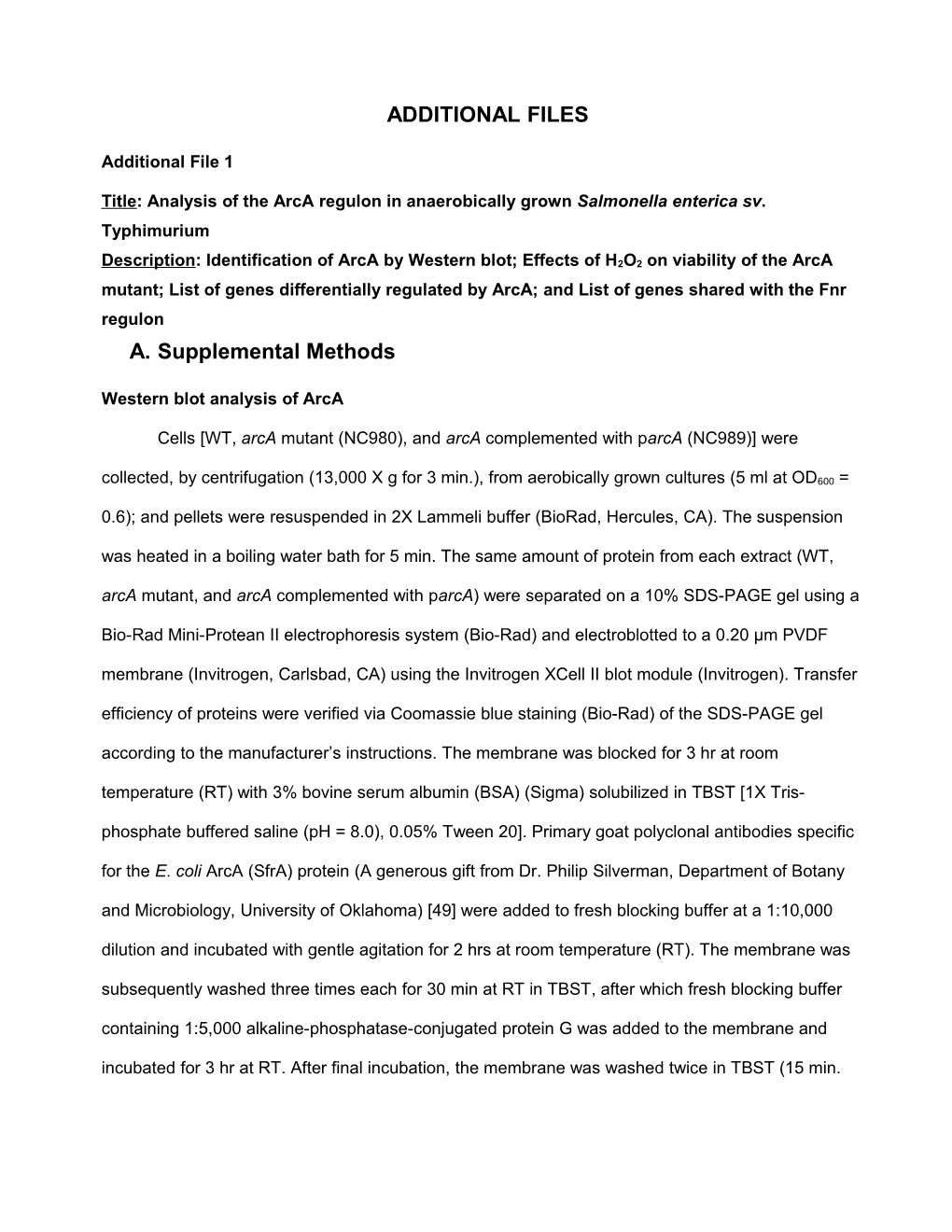 Analysis of the Arca Regulon in Salmonella Enterica Sv