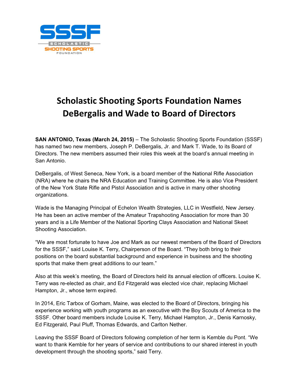 Scholastic Shooting Sports Foundation Names Debergalis and Wade to Board of Directors