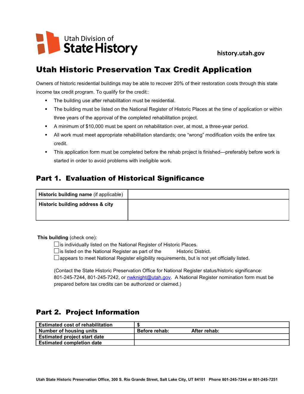 Historic Preservation Tax Credit Application State of Utah