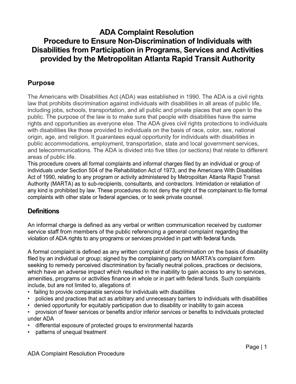 Complaint Resolution Procedure to Ensure Non-Discrimination