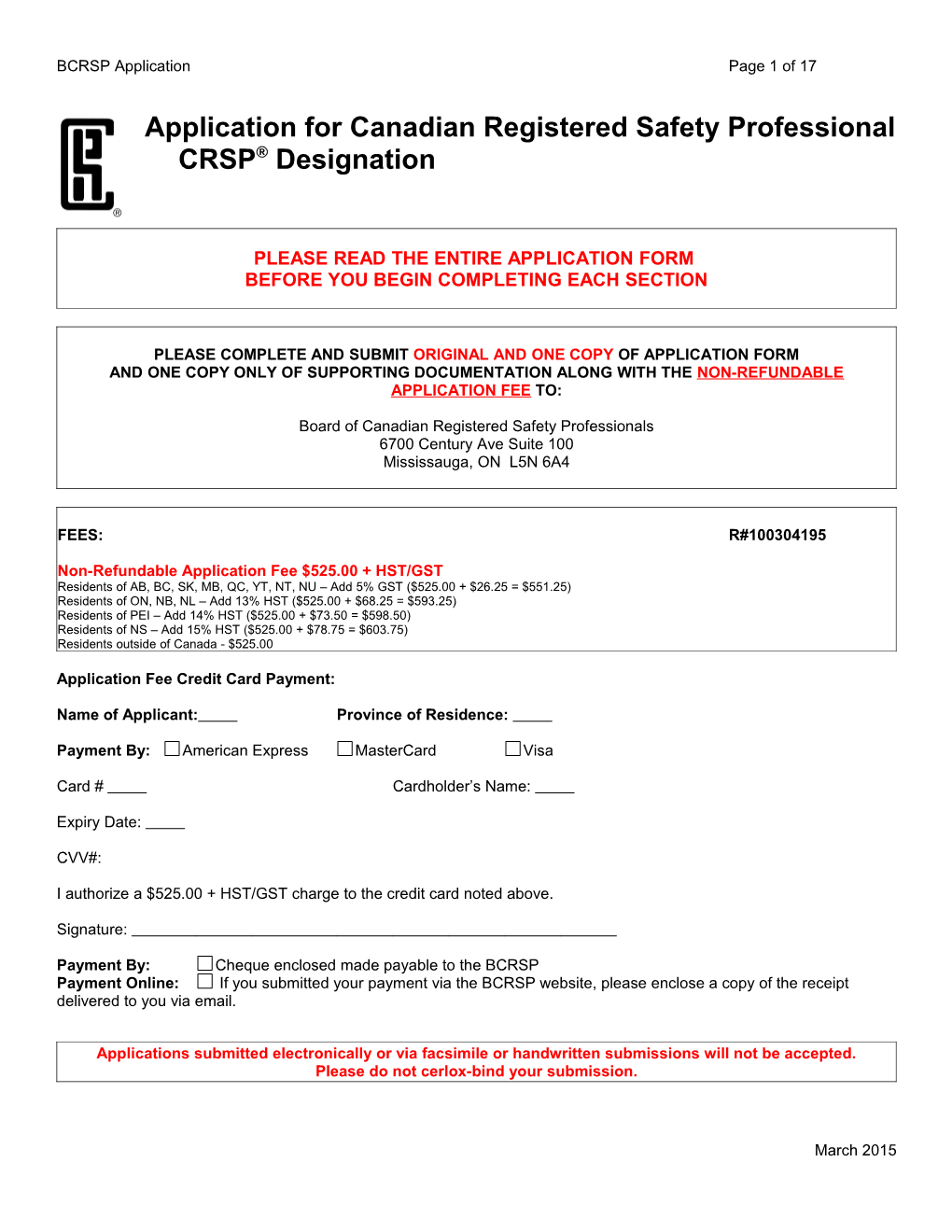 Application for Canadian Registered Safety Professional Designation (CRSP)