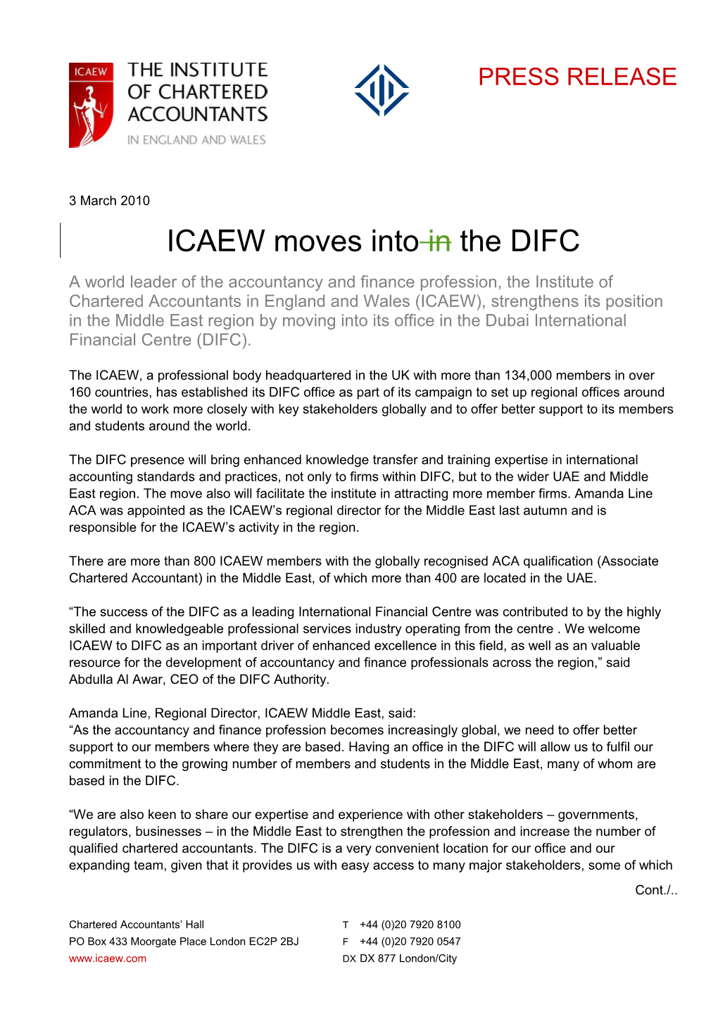 ICAEW Moves Into in the DIFC
