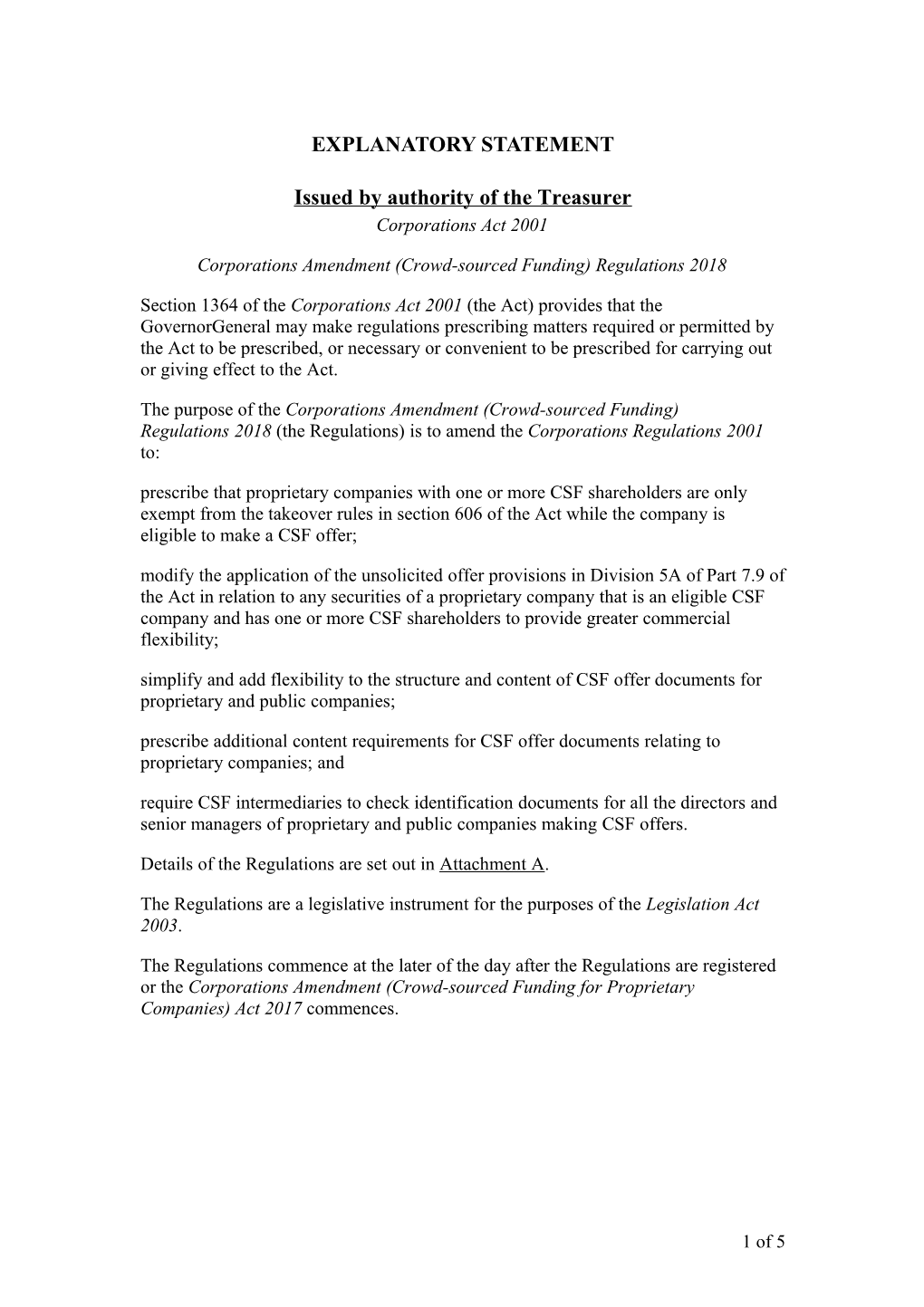 Corporations Amendment (Crowd-Sourced Funding) Regulations 2018 - Expanatory Statement