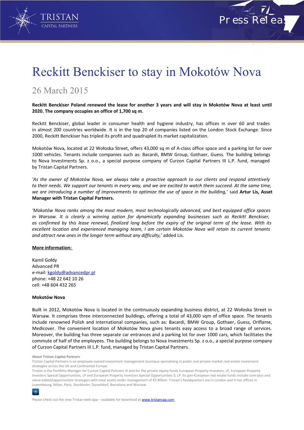 Reckitt Benckiser to Stay in Mokotów Nova