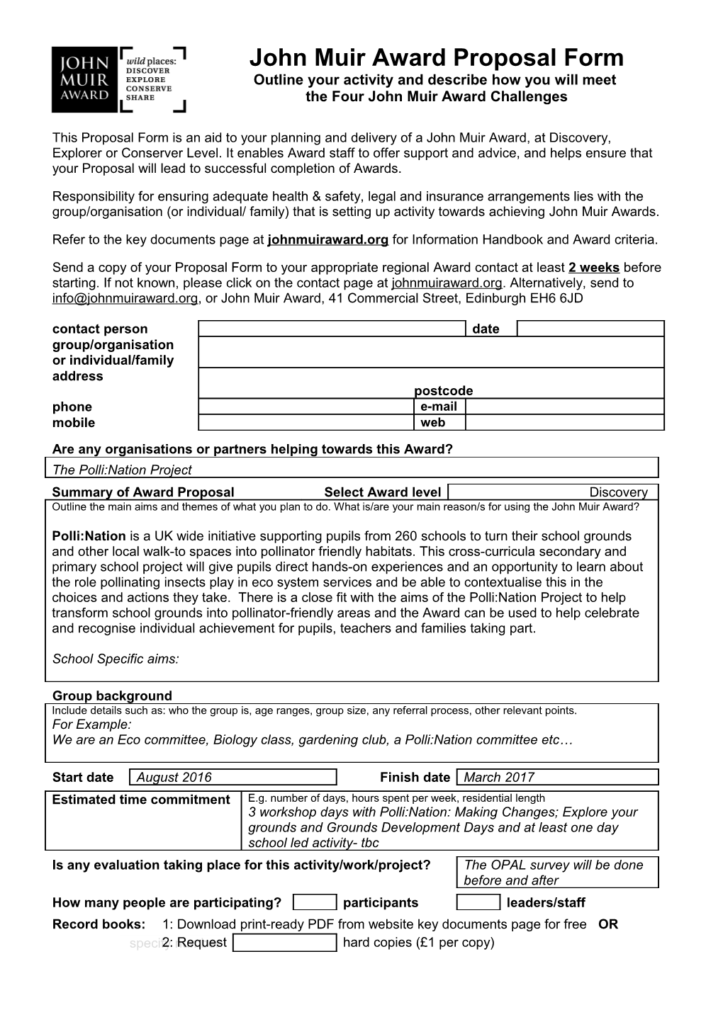John Muir Award Proposal Form