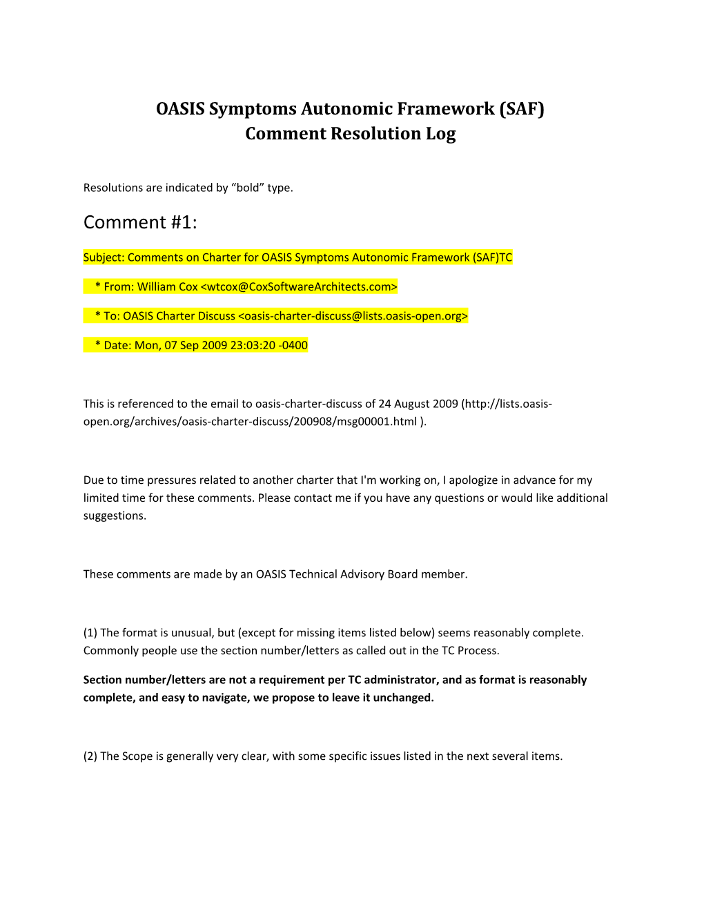 OASIS Symptoms Autonomic Framework (SAF) Comment Resolution Log