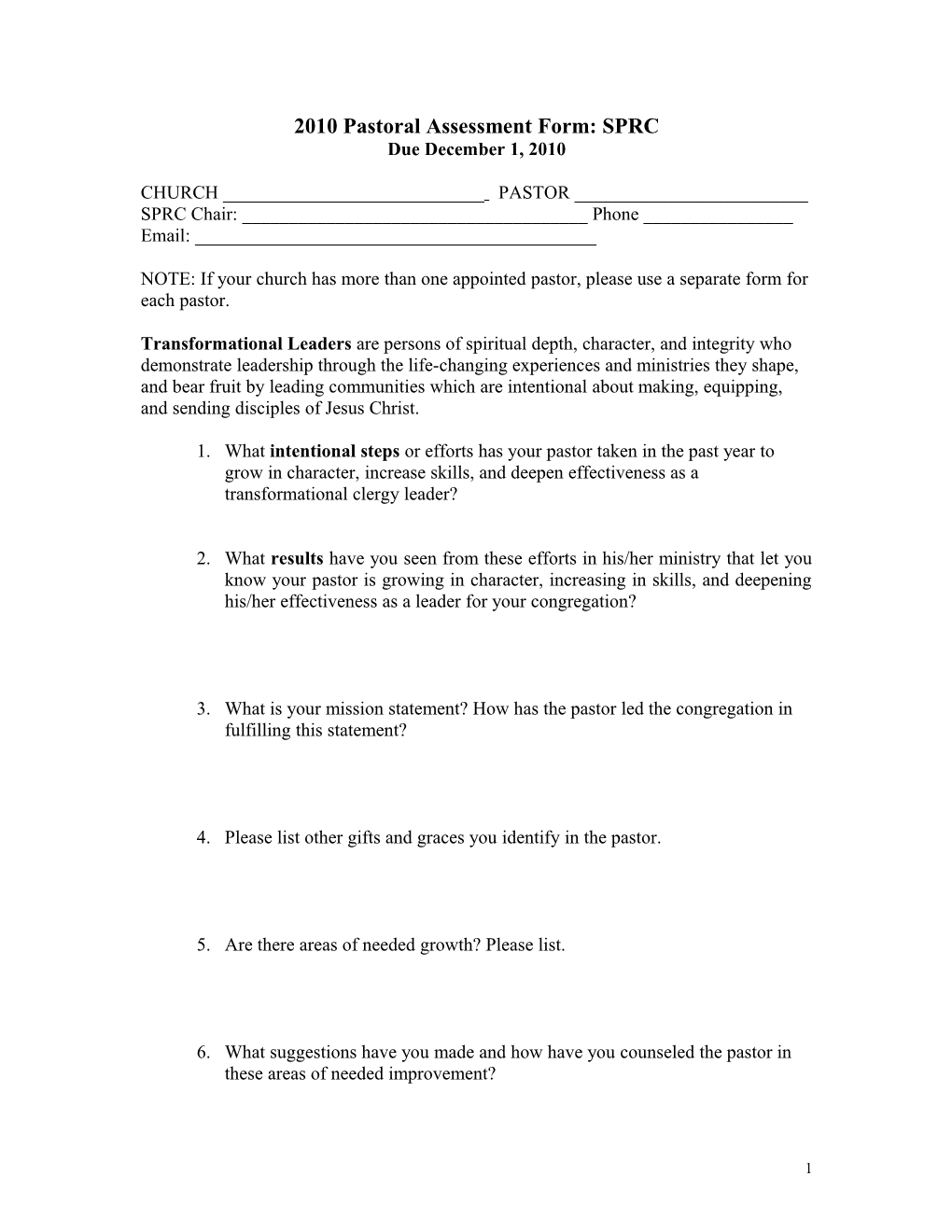 2010 Pastoral Assessment Form: SPRC