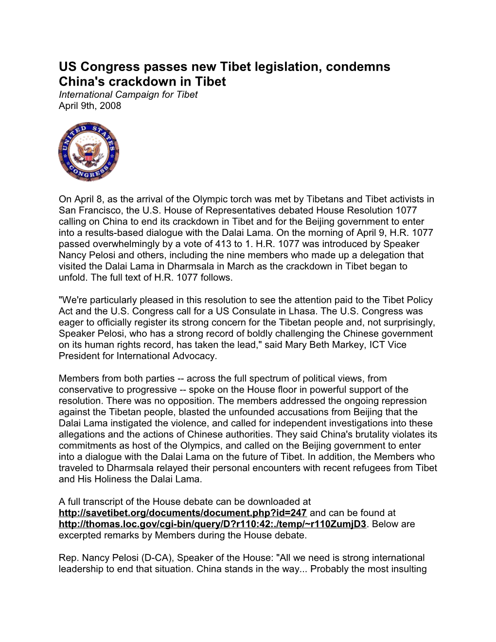 US Congress Passes New Tibet Legislation, Condemns China's Crackdown in Tibet