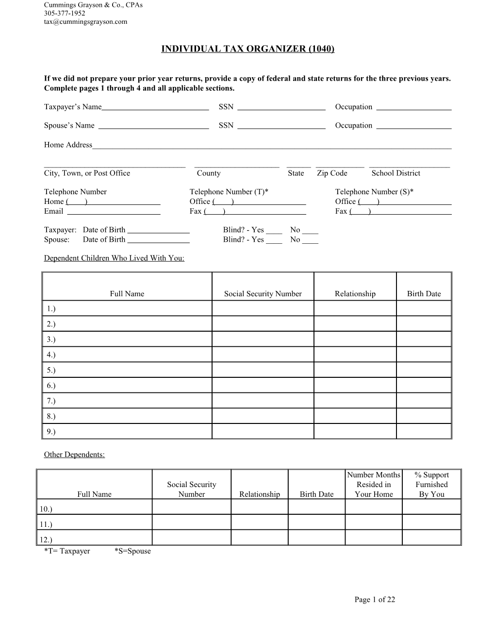 Individual Tax Organizer Form 1040