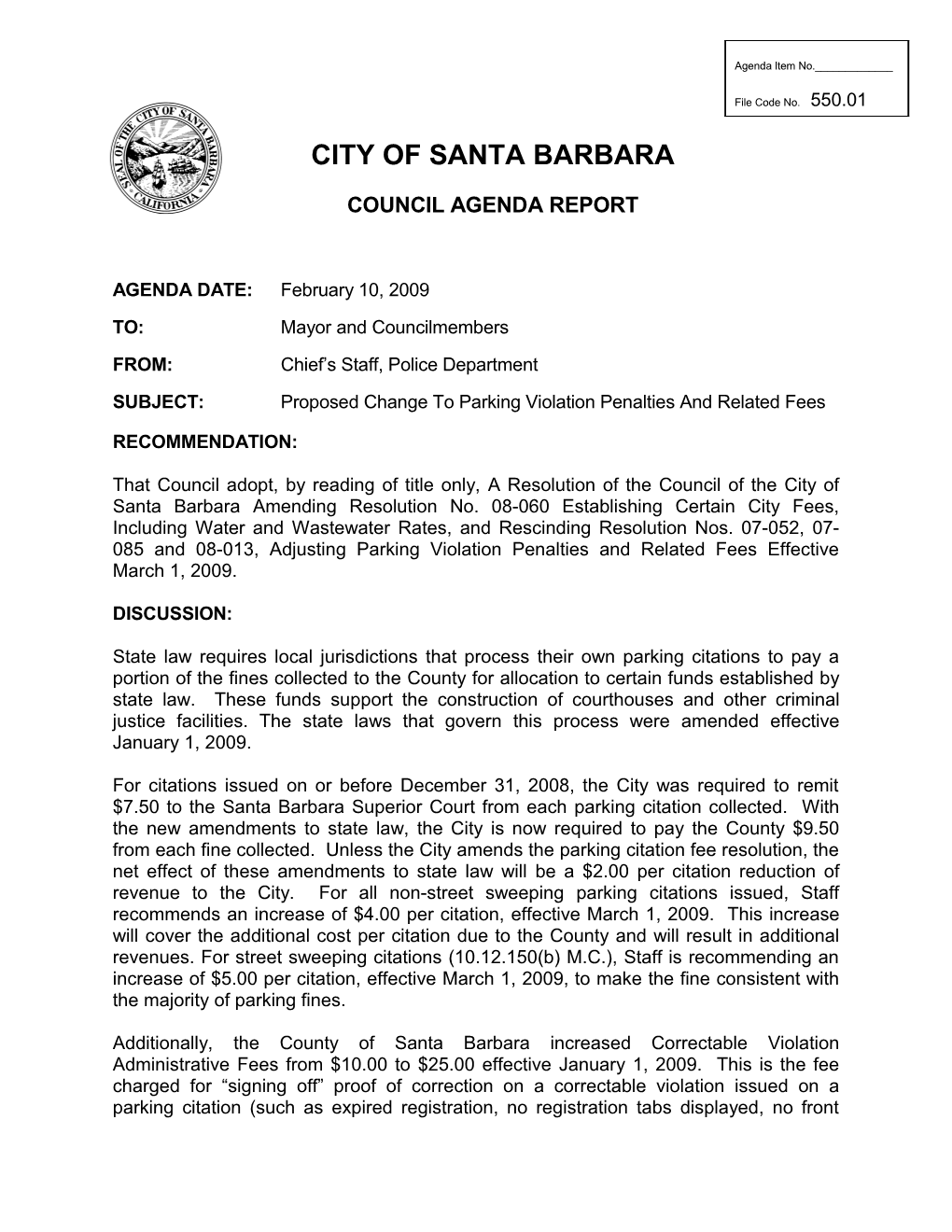 Proposed Change to Parking Violation Penalties and Related Fees