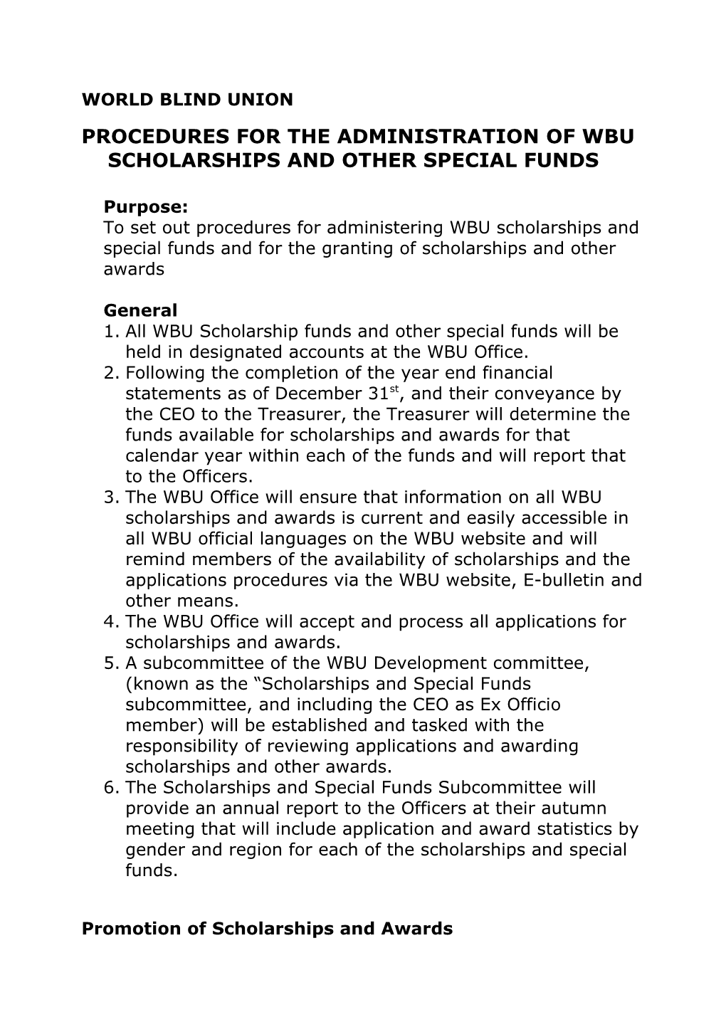 Procedures for the Administration of Wbu Scholarships and Other Special Funds