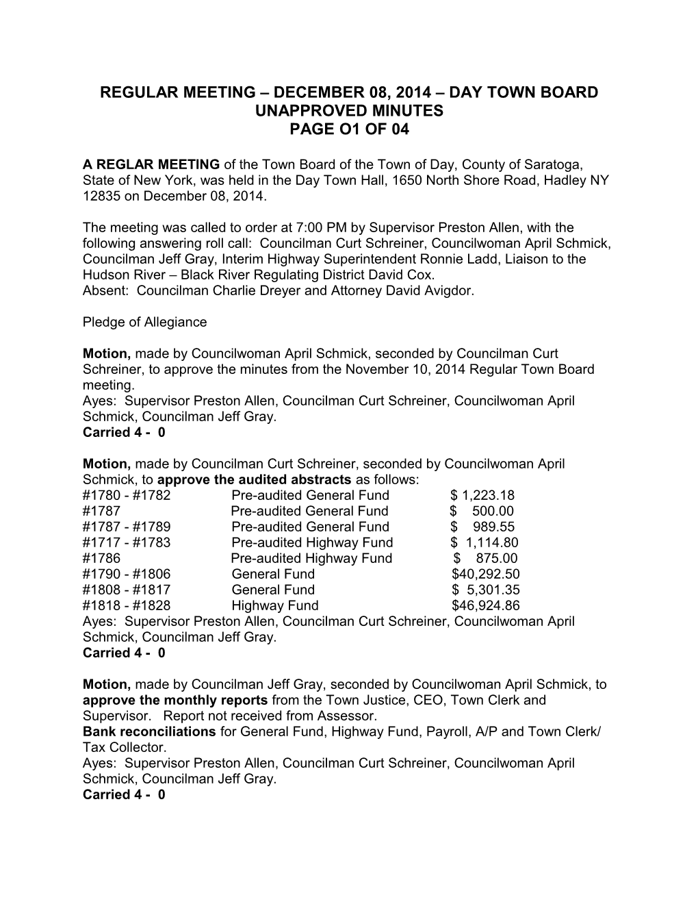 Regular Meeting December 08, 2014 Day Town Board